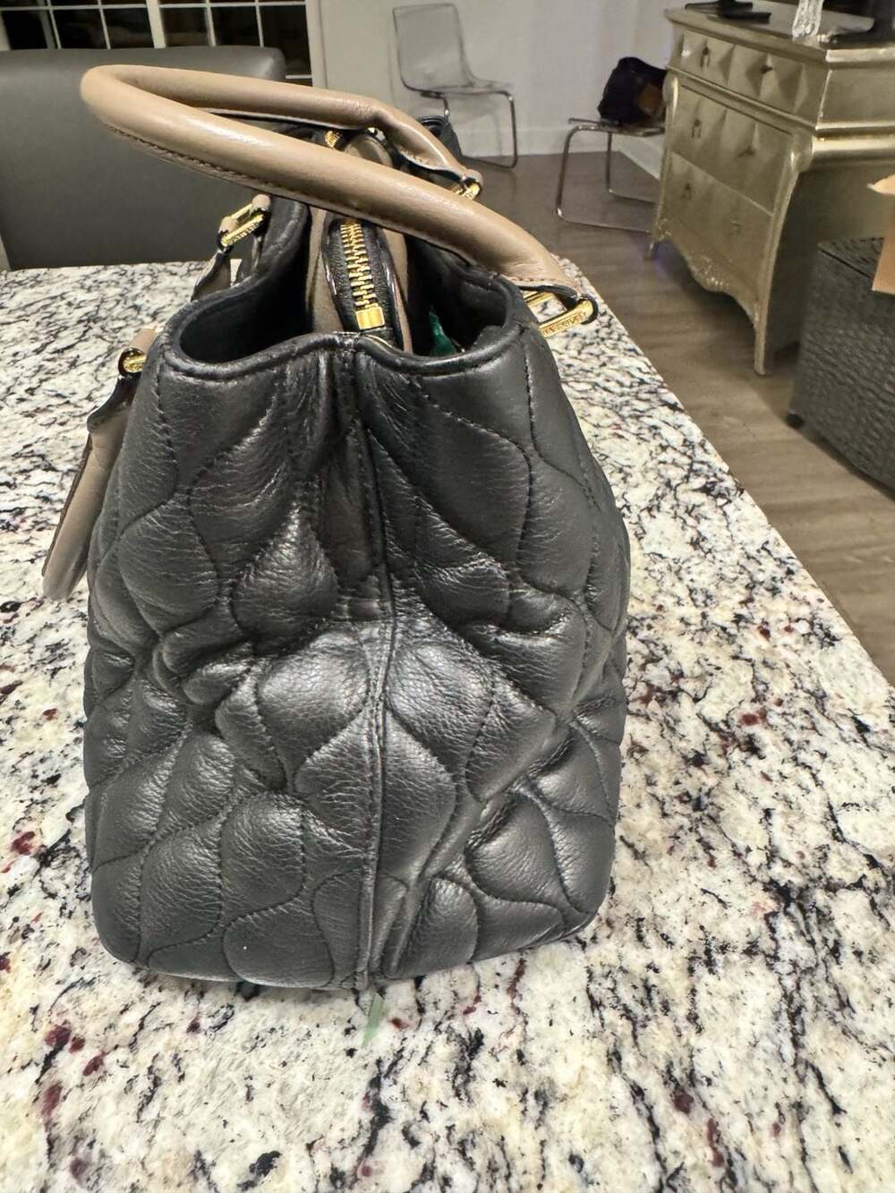 Vera Bradley Quilted Leather Satchel Tote Black Taupe Floral Lining - Picture 4 of 10